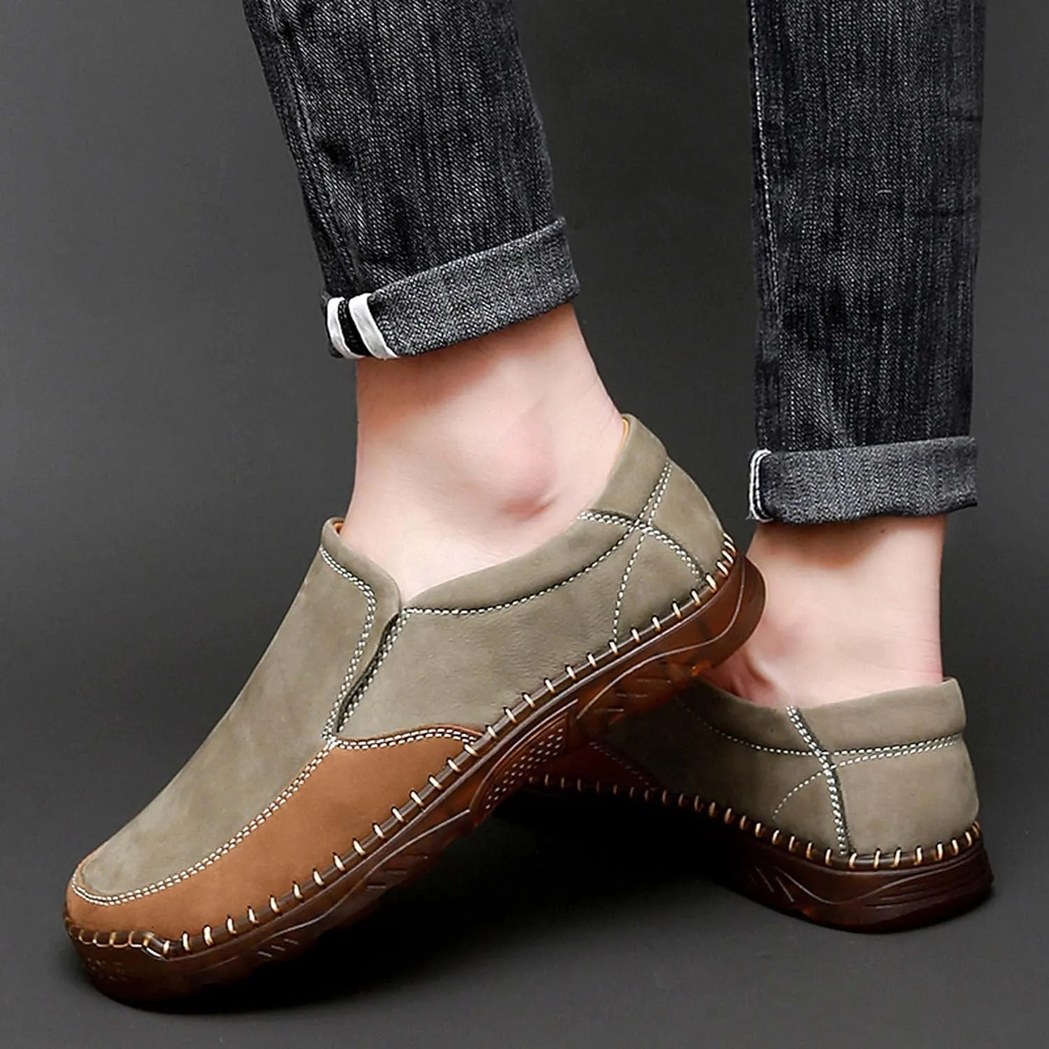 Men's Classic Business Slip On Loafers Hand Sewn Men's Shoes Non Slip Wear-Resistant Oxford Shoes Lightweight Soft Casual Leather Shoes Brown