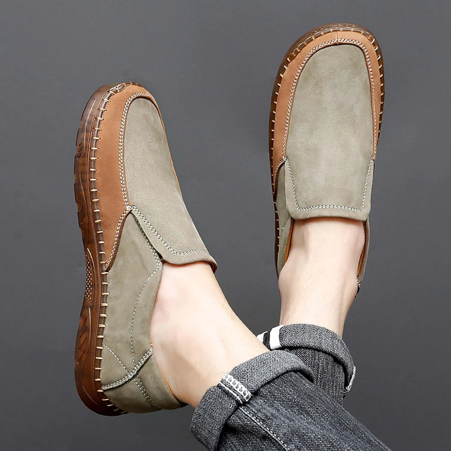 Men's Classic Business Slip On Loafers Hand Sewn Men's Shoes Non Slip Wear-Resistant Oxford Shoes Lightweight Soft Casual Leather Shoes Brown