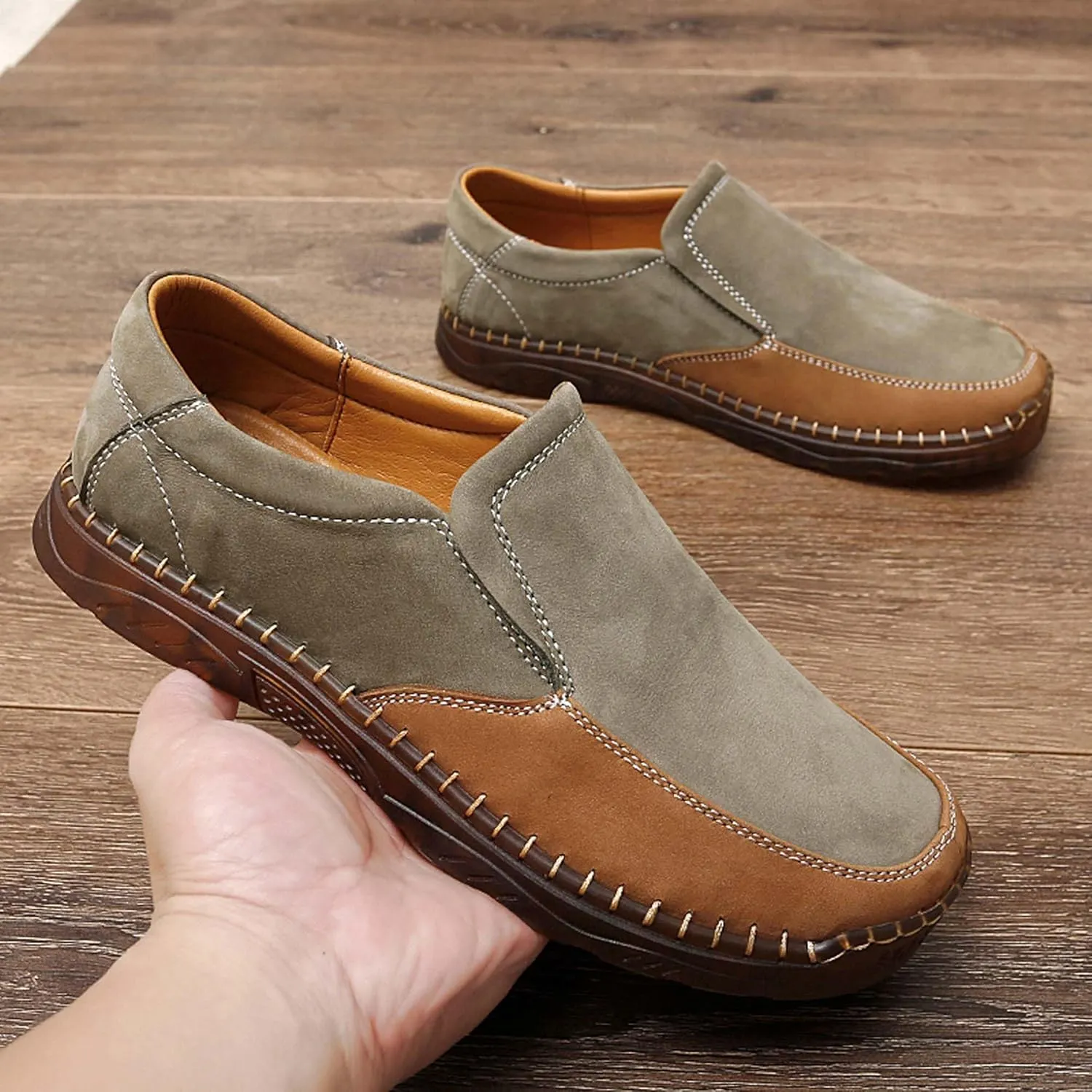Men's Classic Business Slip On Loafers Hand Sewn Men's Shoes Non Slip Wear-Resistant Oxford Shoes Lightweight Soft Casual Leather Shoes Brown