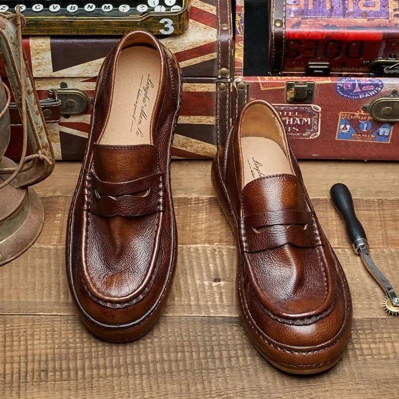 Mens Commuter Slip-Resistant Lightweight Breathable Easy to Walk Men's Leather Hand-Sewn Flats Loafers Men's Monk Comfy Walking Slipers Shoes