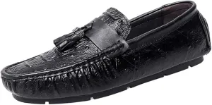 Mens Crocodile Print Tassel Loafers Slip On Round Toe Driving Shoes Flexible Lightweight Walking Casual Comfortable