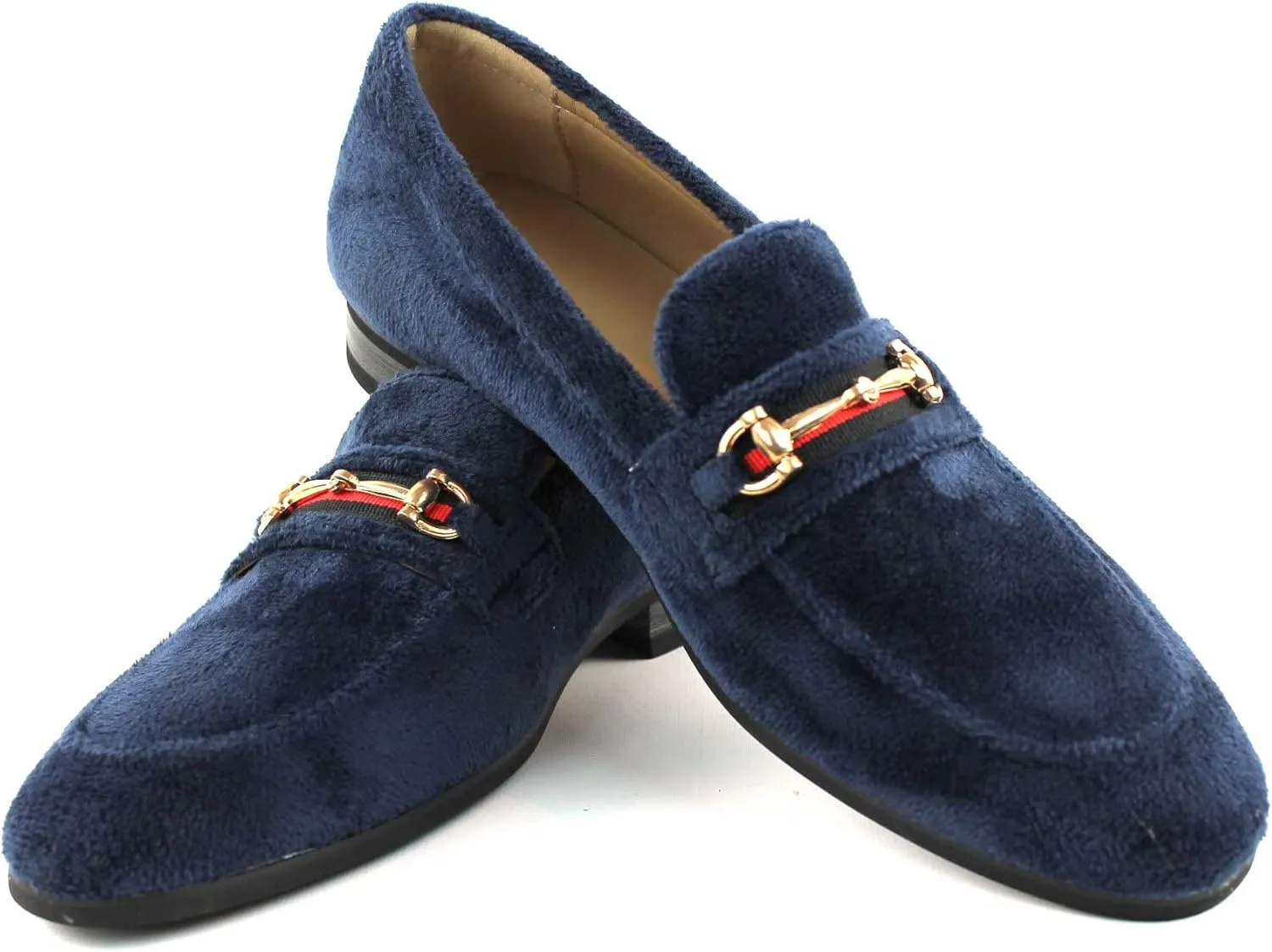 Men's Dress Shoes Navy Blue Velvet Loafer with Gold Buckle Slip On Formal Modern Classic