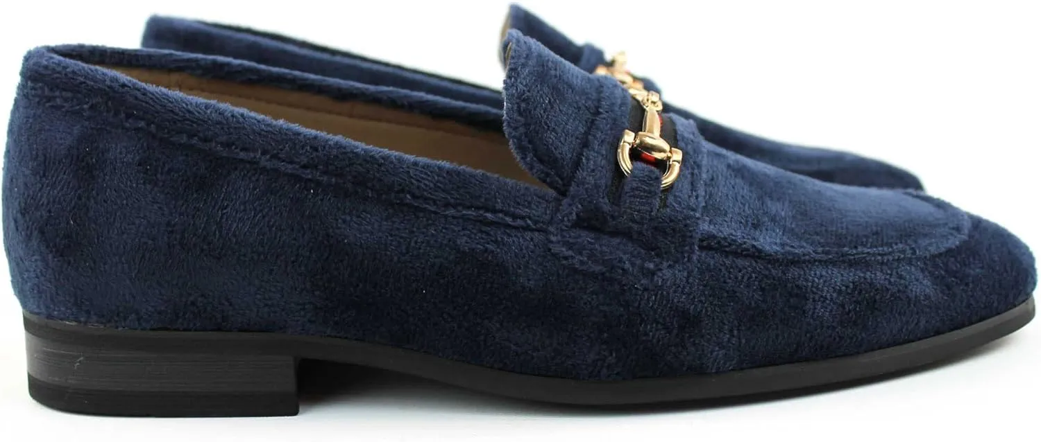 Men's Dress Shoes Navy Blue Velvet Loafer with Gold Buckle Slip On Formal Modern Classic