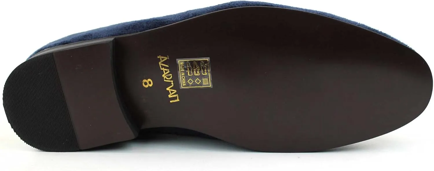 Men's Dress Shoes Navy Blue Velvet Loafer with Gold Buckle Slip On Formal Modern Classic