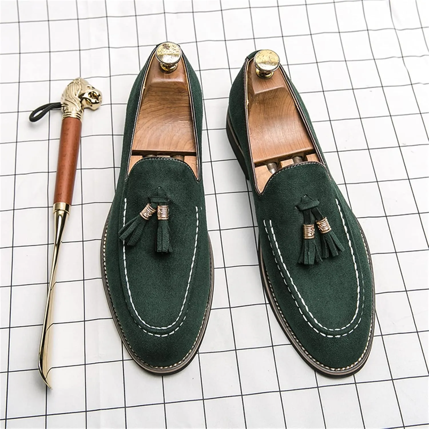 Mens Faux Suede Tasseled Leather Slip On Loafers,Casual Business Dress Shoes British Retro Moccasin Driving Shoes