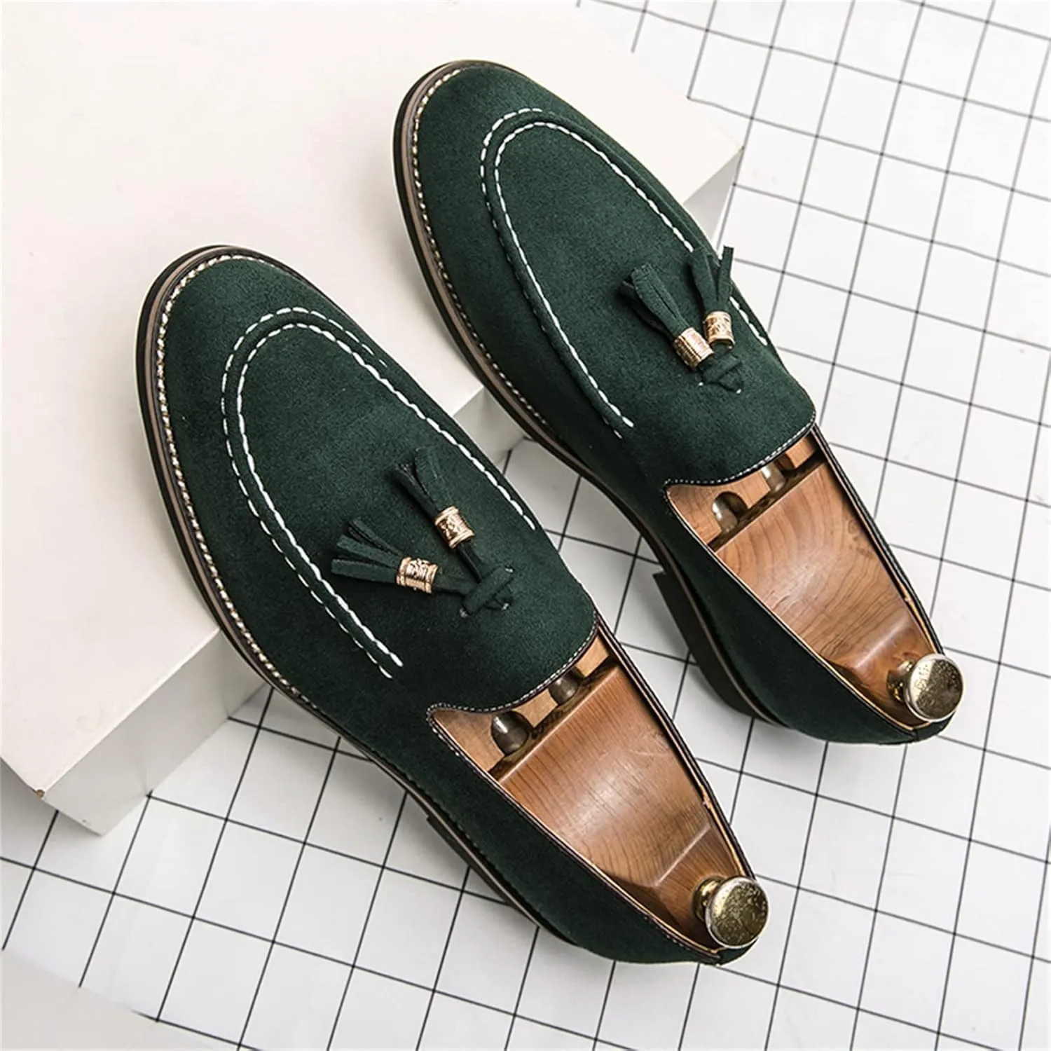 Mens Faux Suede Tasseled Leather Slip On Loafers,Casual Business Dress Shoes British Retro Moccasin Driving Shoes