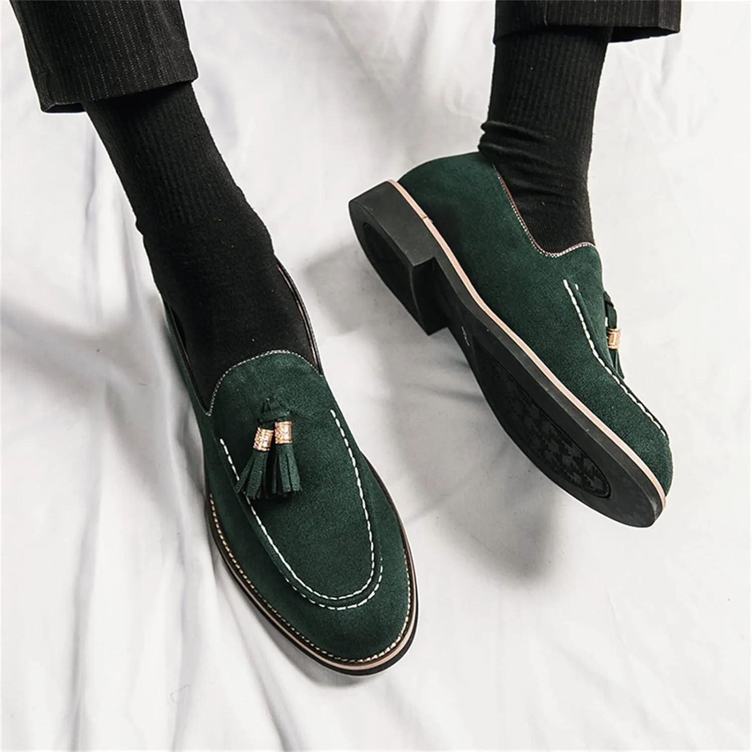 Mens Faux Suede Tasseled Leather Slip On Loafers,Casual Business Dress Shoes British Retro Moccasin Driving Shoes