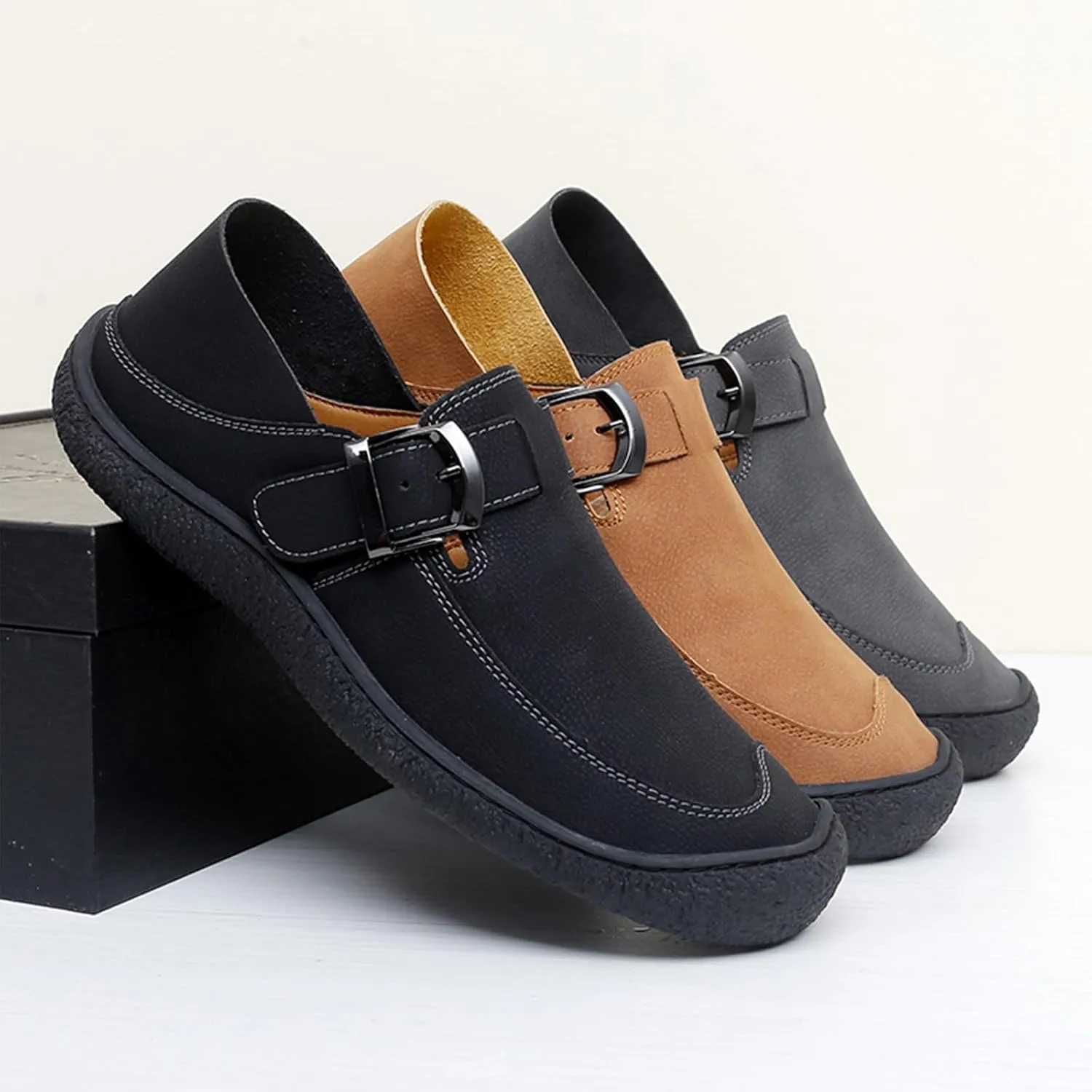 Men's Genuine Leather Casual Penny Loafers Fashion Buckle Round Toe Comfortable Soft Bottom Handmade Driving Loafers Slip On Lightweight Dress Shoes