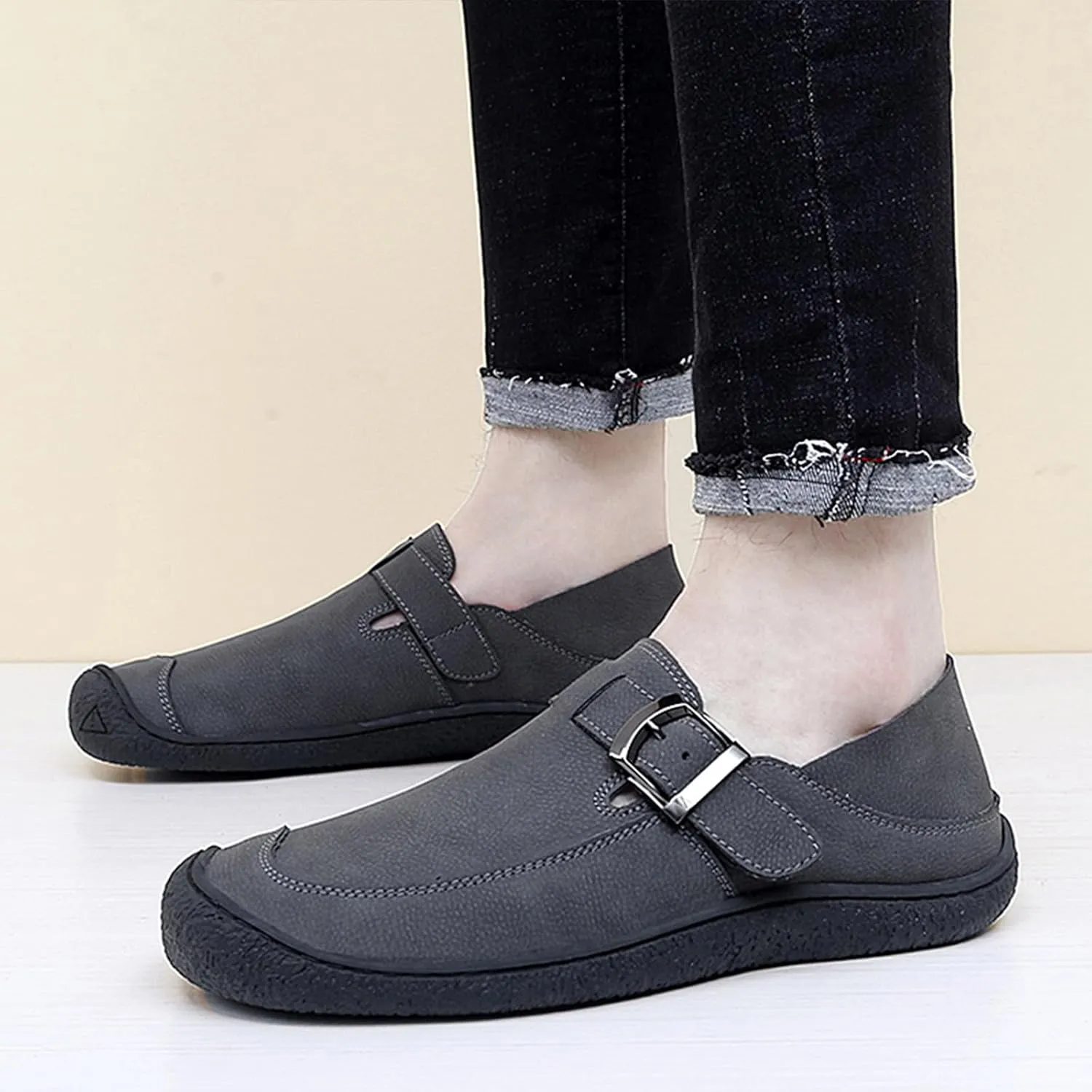 Men's Genuine Leather Casual Penny Loafers Fashion Buckle Round Toe Comfortable Soft Bottom Handmade Driving Loafers Slip On Lightweight Dress Shoes
