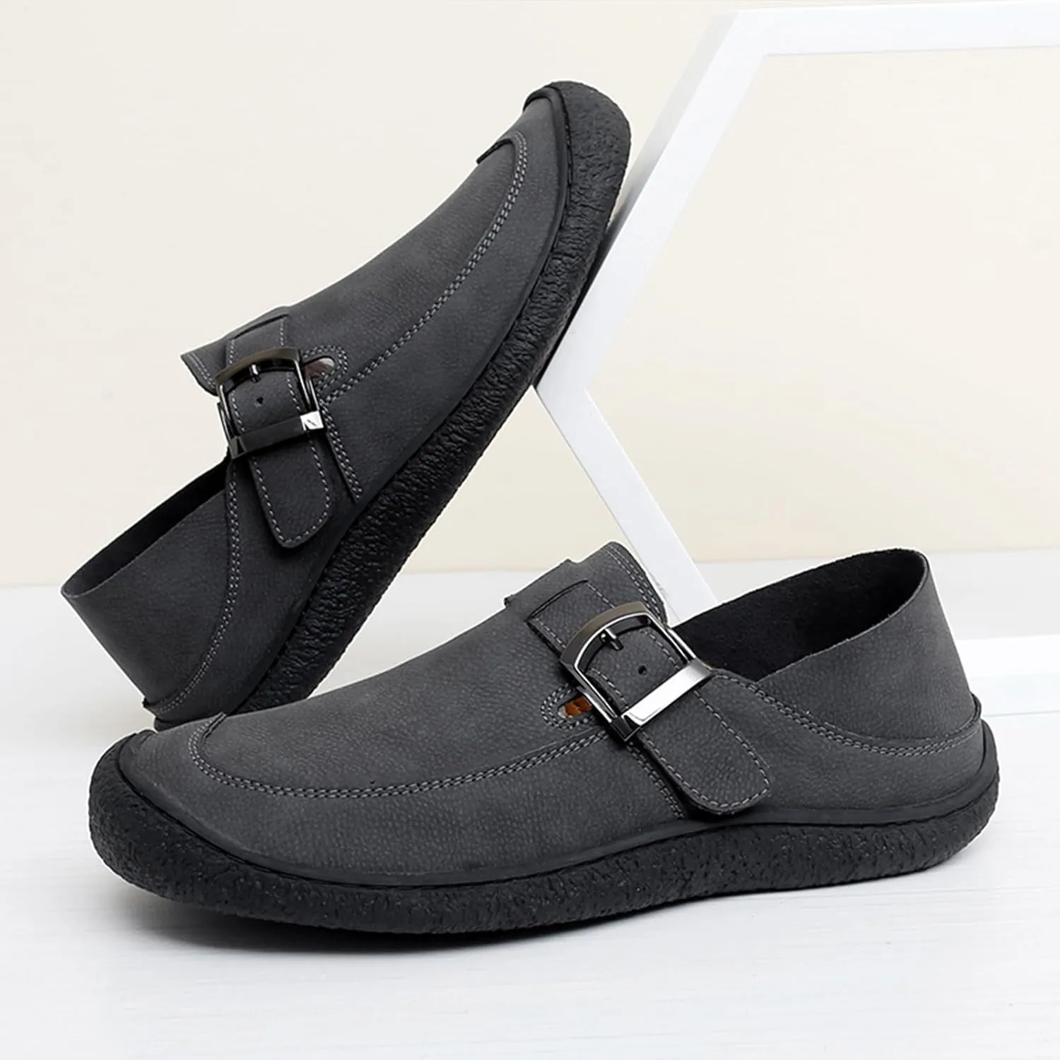 Men's Genuine Leather Casual Penny Loafers Fashion Buckle Round Toe Comfortable Soft Bottom Handmade Driving Loafers Slip On Lightweight Dress Shoes