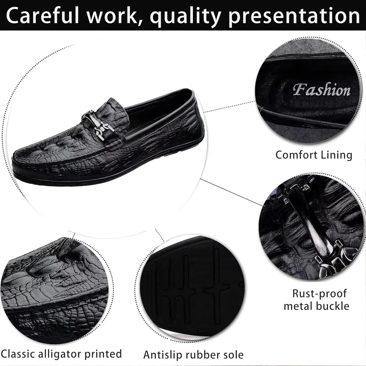 Men's Genuine Leather Loafers - Alligator Print Slip-On Dress Shoes with Anti-Slip Sole Round Toe Comfort for Business Casual Driving or Daily Wear