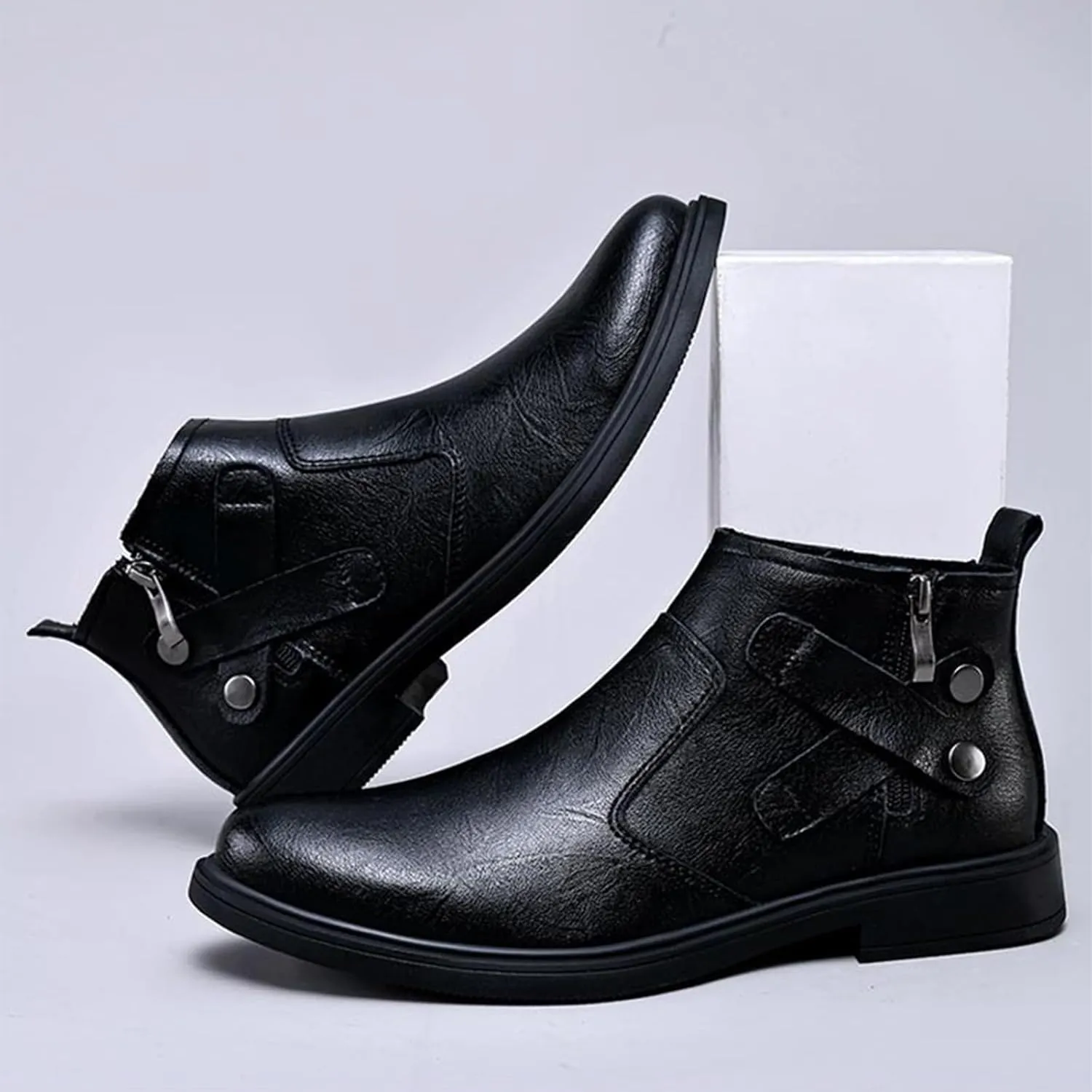 Men's Genuine Leather Pointed Chelsea Boots with Side Zipper Winter Plus Velvet Chunky Heel Non-Slip Dress Chukka Boots Suitable for Driving Work