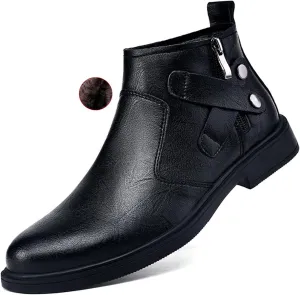 Men's Genuine Leather Pointed Chelsea Boots with Side Zipper Winter Plus Velvet Chunky Heel Non-Slip Dress Chukka Boots Suitable for Driving Work
