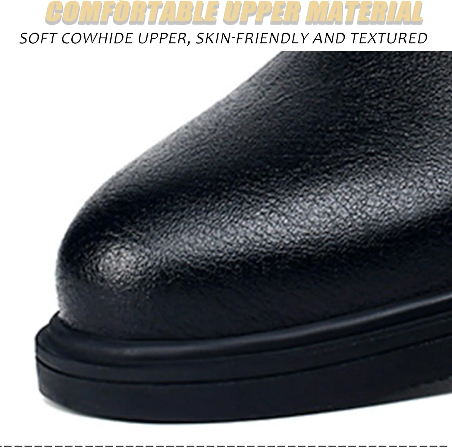 Men's Genuine Leather Pointed Chelsea Boots with Side Zipper Winter Plus Velvet Chunky Heel Non-Slip Dress Chukka Boots Suitable for Driving Work