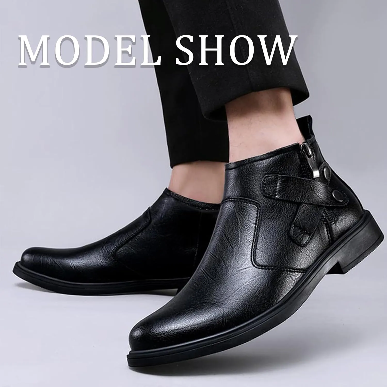 Men's Genuine Leather Pointed Chelsea Boots with Side Zipper Winter Plus Velvet Chunky Heel Non-Slip Dress Chukka Boots Suitable for Driving Work