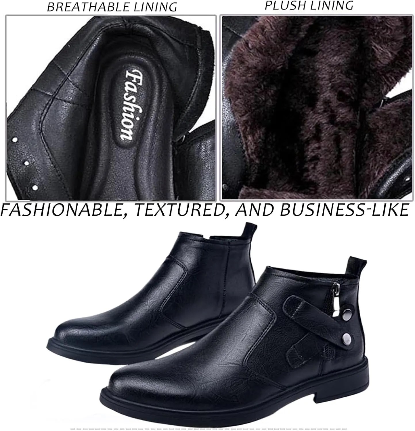 Men's Genuine Leather Pointed Chelsea Boots with Side Zipper Winter Plus Velvet Chunky Heel Non-Slip Dress Chukka Boots Suitable for Driving Work