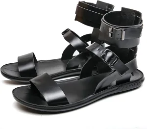 Men's Gladiator Sandals Black Leather Sandals Ankle Strap Design with Double Buckles Casual Non-slip Breathable High Top Outdoor Beach Shoes