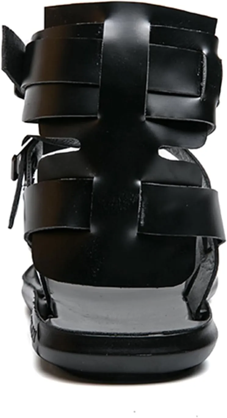 Men's Gladiator Sandals Black Leather Sandals Ankle Strap Design with Double Buckles Casual Non-slip Breathable High Top Outdoor Beach Shoes