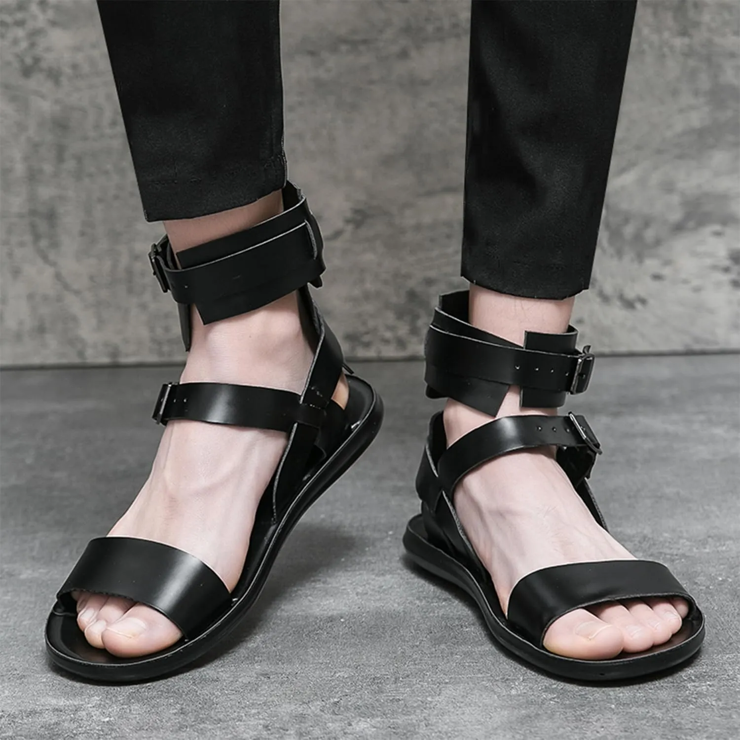 Men's Gladiator Sandals Black Leather Sandals Ankle Strap Design with Double Buckles Casual Non-slip Breathable High Top Outdoor Beach Shoes