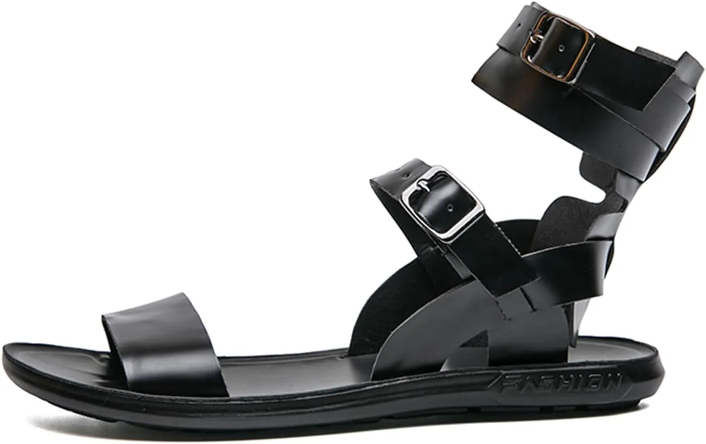 Men's Gladiator Sandals Black Leather Sandals Ankle Strap Design with Double Buckles Casual Non-slip Breathable High Top Outdoor Beach Shoes