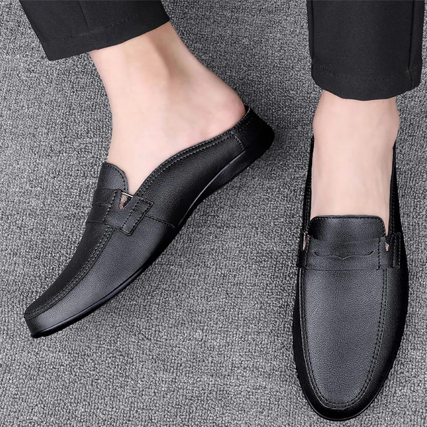 Men's Handmade Leather Half Drag Mules Slip On Comfortable Soft Sole Moccasin Boat Shoes Outdoor Comfortable Backless Casual Non-Slip Driving Loafers