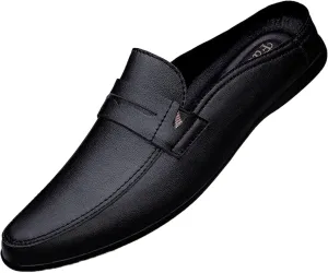 Men's Handmade Leather Half Drag Mules Slip On Comfortable Soft Sole Moccasin Boat Shoes Outdoor Comfortable Backless Casual Non-Slip Driving Loafers
