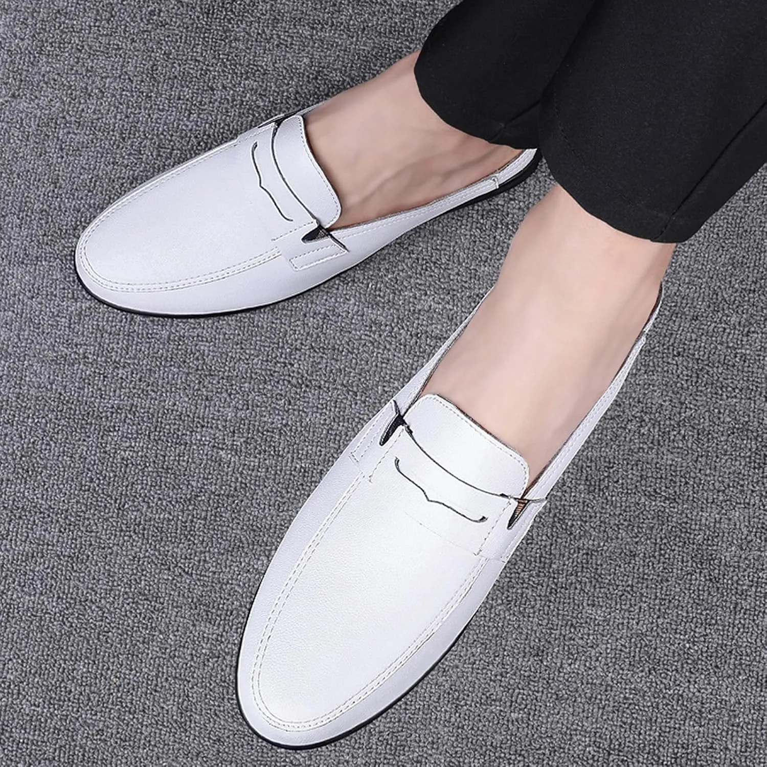 Men's Handmade Leather Half Drag Mules Slip On Comfortable Soft Sole Moccasin Boat Shoes Outdoor Comfortable Backless Casual Non-Slip Driving Loafers