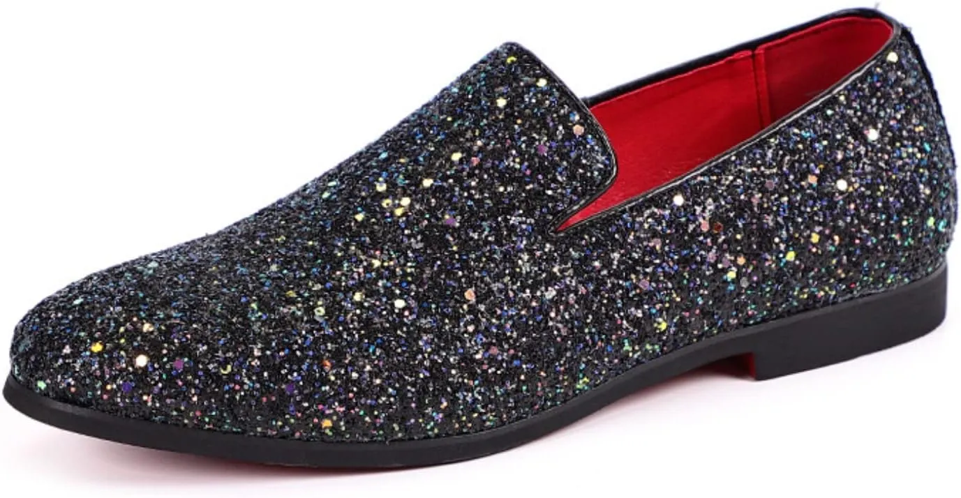 Men's Leather British Fashion Pointed Toe Sequined Loafers,Metallic Luxury Texture Slip-On Glitter Fashion Casual Dress Shoes