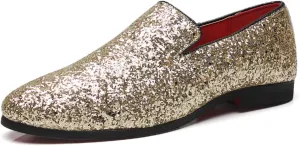 Men's Leather British Fashion Pointed Toe Sequined Loafers,Metallic Luxury Texture Slip-On Glitter Fashion Casual Dress Shoes