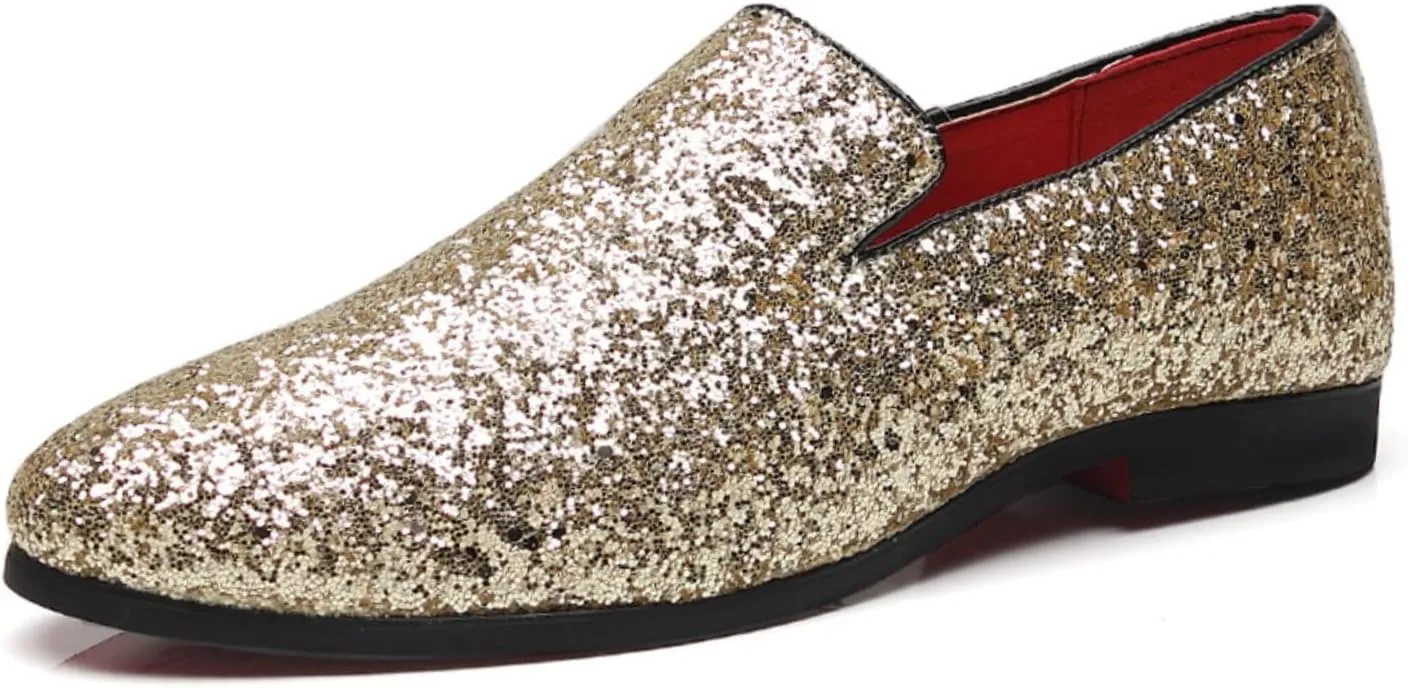 Men's Leather British Fashion Pointed Toe Sequined Loafers,Metallic Luxury Texture Slip-On Glitter Fashion Casual Dress Shoes