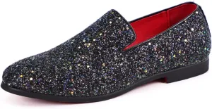 Men's Leather British Fashion Pointed Toe Sequined Loafers,Metallic Luxury Texture Slip-On Glitter Fashion Casual Dress Shoes