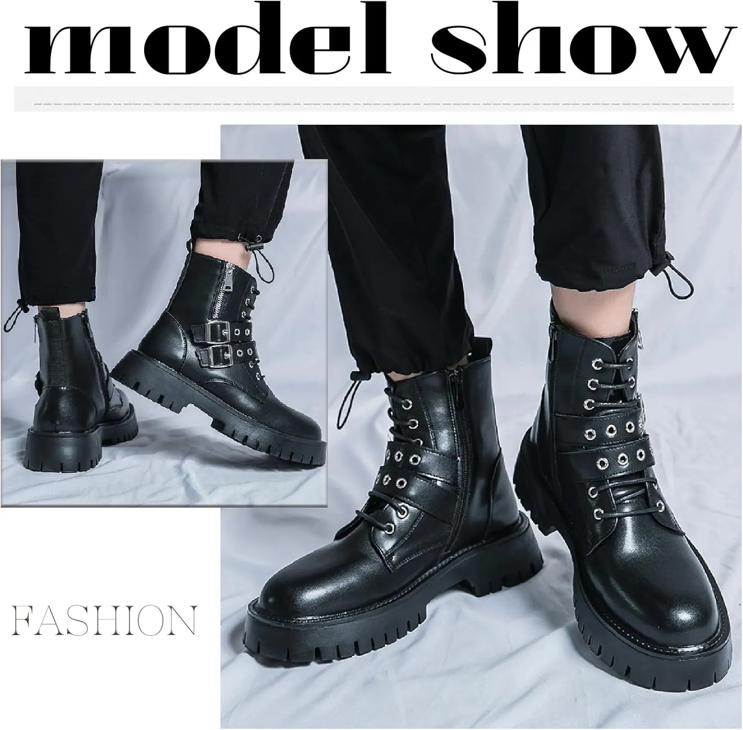 Men's Leather Platform Chukka Boots with Side Zipper Fashion Buckle Straps Non-slip Lug Sole Block Heel Lace Up Combat Booties Punk Biker Motorcycle Short Boots