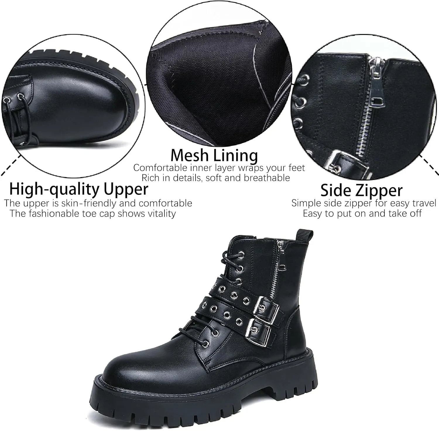 Men's Leather Platform Chukka Boots with Side Zipper Fashion Buckle Straps Non-slip Lug Sole Block Heel Lace Up Combat Booties Punk Biker Motorcycle Short Boots