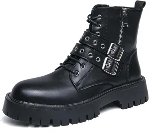 Men's Leather Platform Chukka Boots with Side Zipper Fashion Buckle Straps Non-slip Lug Sole Block Heel Lace Up Combat Booties Punk Biker Motorcycle Short Boots