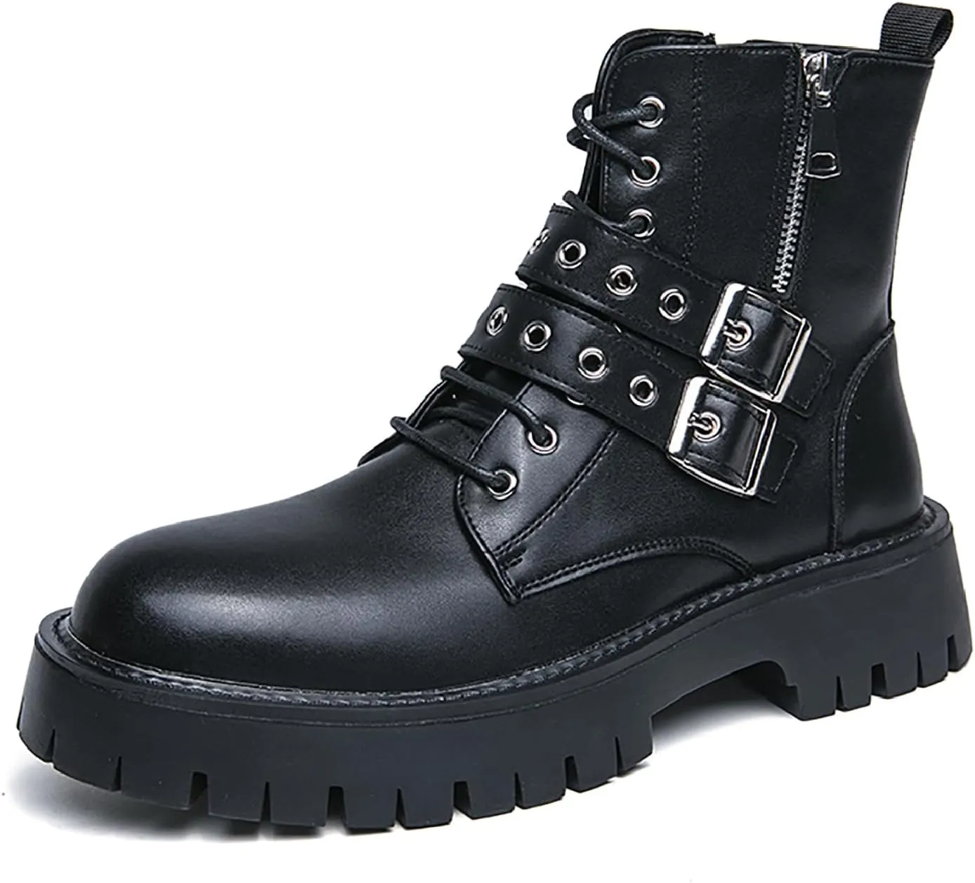Men's Leather Platform Chukka Boots with Side Zipper Fashion Buckle Straps Non-slip Lug Sole Block Heel Lace Up Combat Booties Punk Biker Motorcycle Short Boots