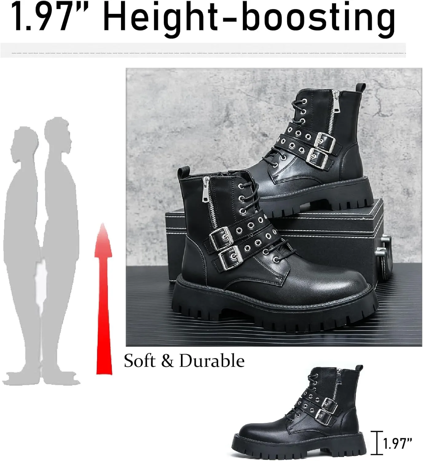 Men's Leather Platform Chukka Boots with Side Zipper Fashion Buckle Straps Non-slip Lug Sole Block Heel Lace Up Combat Booties Punk Biker Motorcycle Short Boots