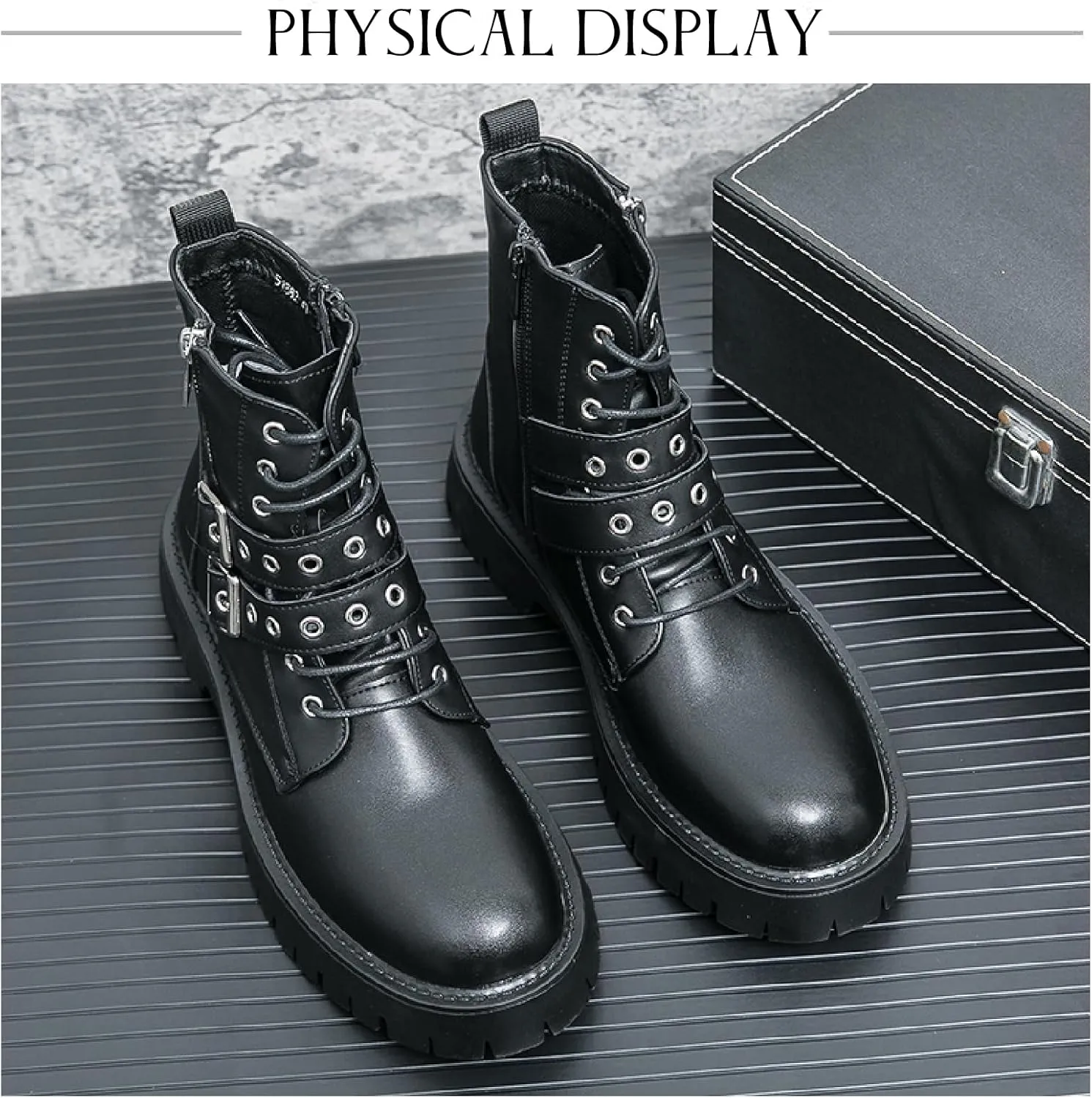 Men's Leather Platform Chukka Boots with Side Zipper Fashion Buckle Straps Non-slip Lug Sole Block Heel Lace Up Combat Booties Punk Biker Motorcycle Short Boots