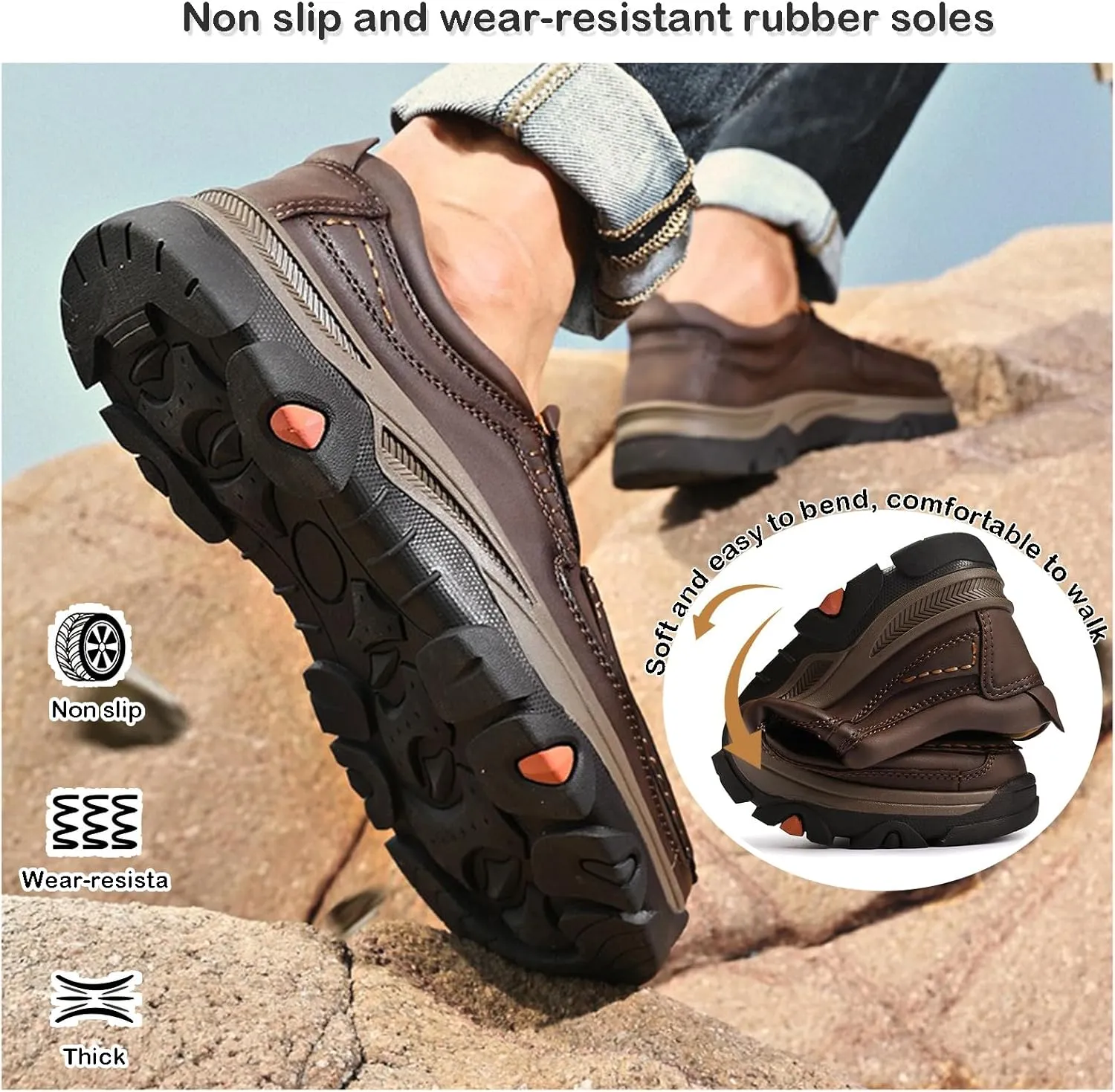 Mens Loafers Leather Slip on Waterproof Driving Casual Dress Shoes, Men's Soft Lightweight Comfortable Business Shoes for Walking and Hiking