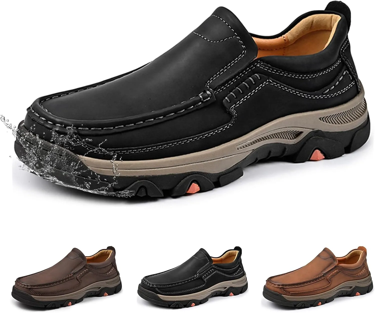 Mens Loafers Leather Slip on Waterproof Driving Casual Dress Shoes, Men's Soft Lightweight Comfortable Business Shoes for Walking and Hiking