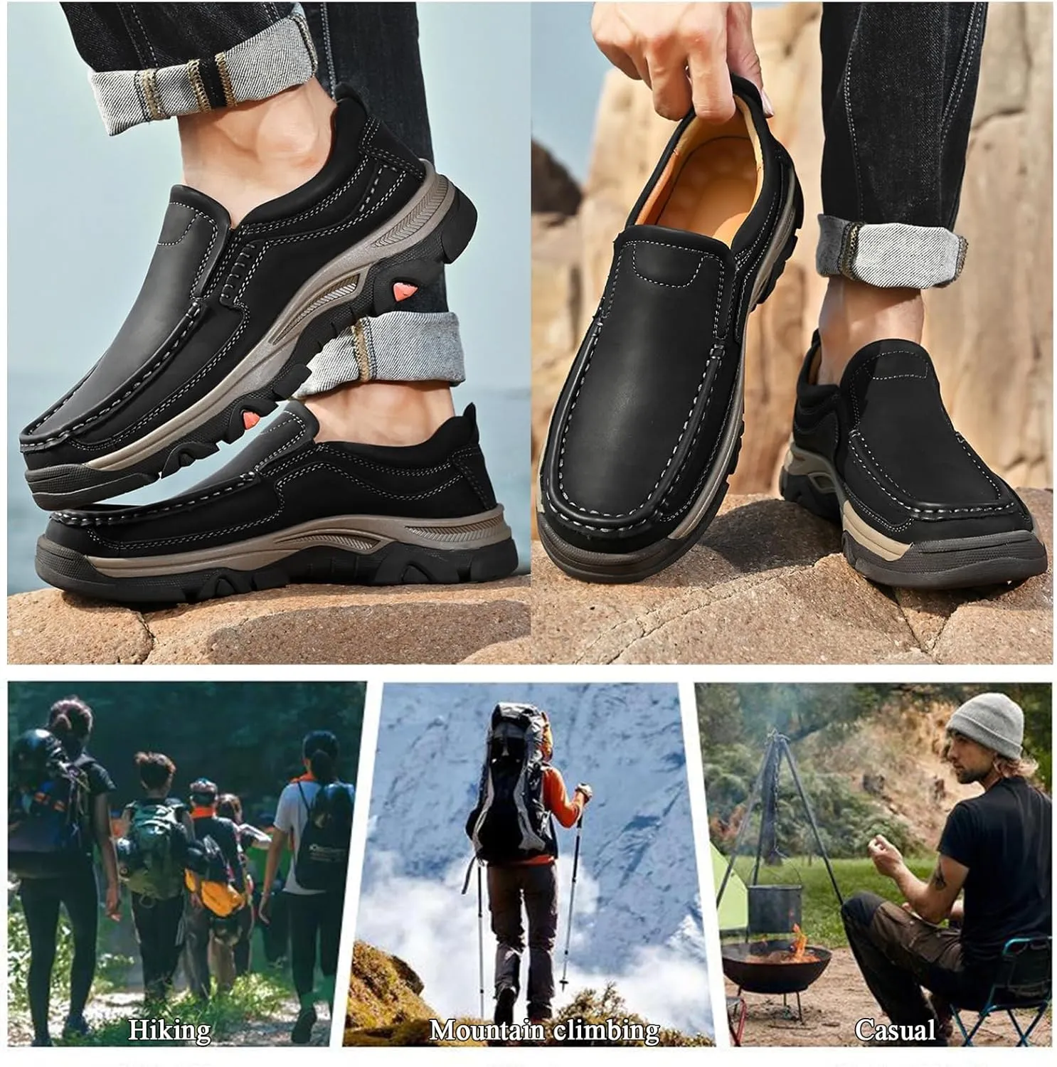 Mens Loafers Leather Slip on Waterproof Driving Casual Dress Shoes, Men's Soft Lightweight Comfortable Business Shoes for Walking and Hiking