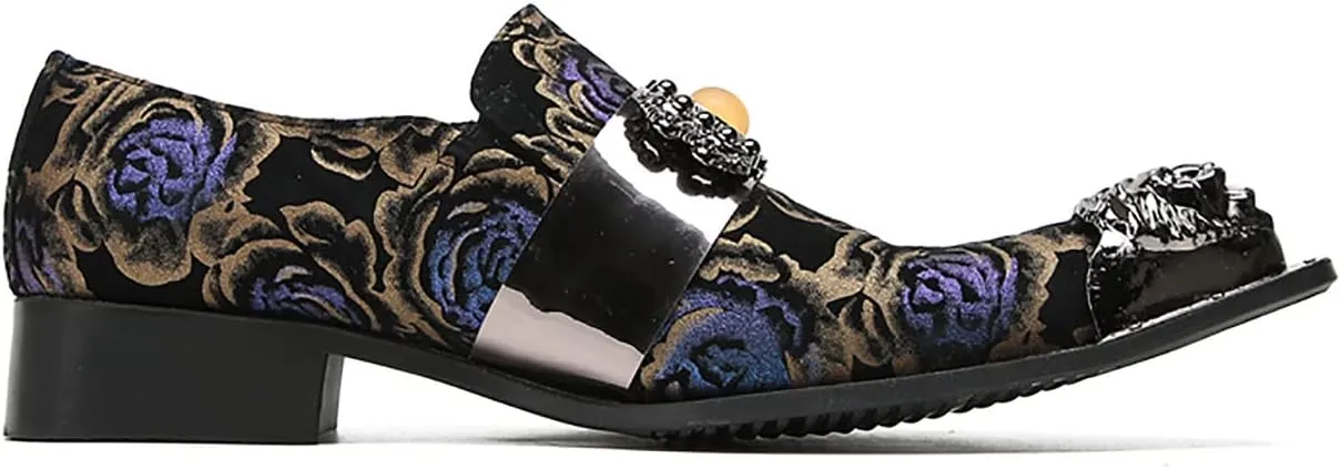 Mens Loafers Slip On Dress Party Casual Leather Metal Tip Toe Yellow Gems Shoes Fashion Graffiti Flowers Handmade Western Shoes for Men