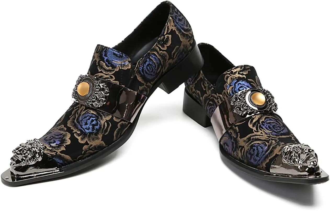 Mens Loafers Slip On Dress Party Casual Leather Metal Tip Toe Yellow Gems Shoes Fashion Graffiti Flowers Handmade Western Shoes for Men