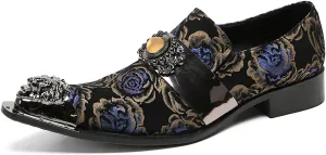 Mens Loafers Slip On Dress Party Casual Leather Metal Tip Toe Yellow Gems Shoes Fashion Graffiti Flowers Handmade Western Shoes for Men