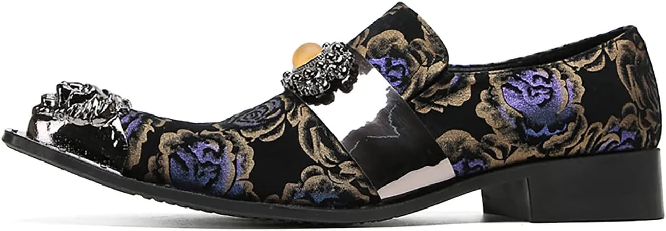 Mens Loafers Slip On Dress Party Casual Leather Metal Tip Toe Yellow Gems Shoes Fashion Graffiti Flowers Handmade Western Shoes for Men