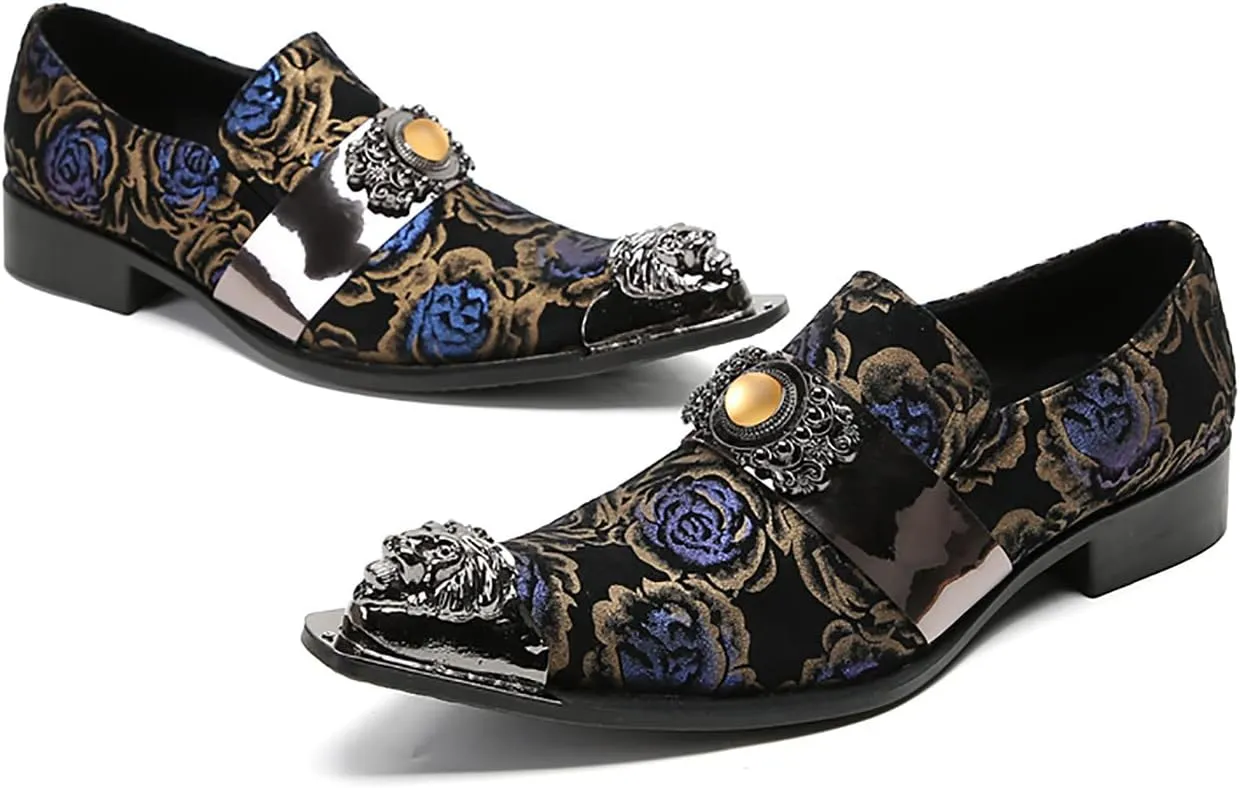 Mens Loafers Slip On Dress Party Casual Leather Metal Tip Toe Yellow Gems Shoes Fashion Graffiti Flowers Handmade Western Shoes for Men