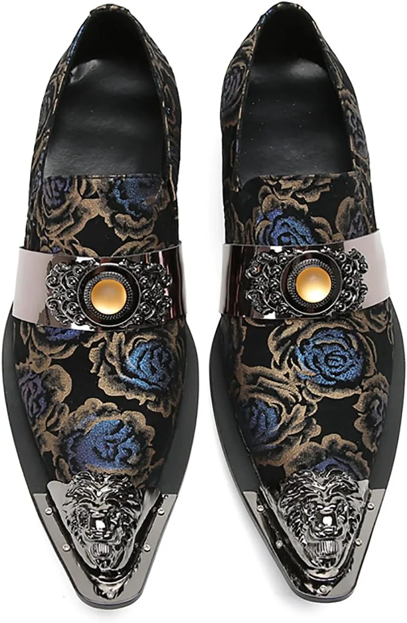 Mens Loafers Slip On Dress Party Casual Leather Metal Tip Toe Yellow Gems Shoes Fashion Graffiti Flowers Handmade Western Shoes for Men