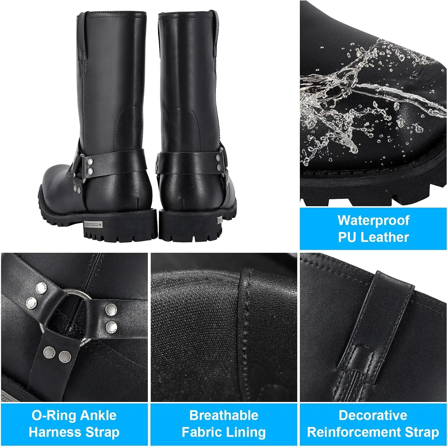 Men's Motorcycle Boot For Riding Waterproof Black PU Leather Boots Mid Calf Boots for Men