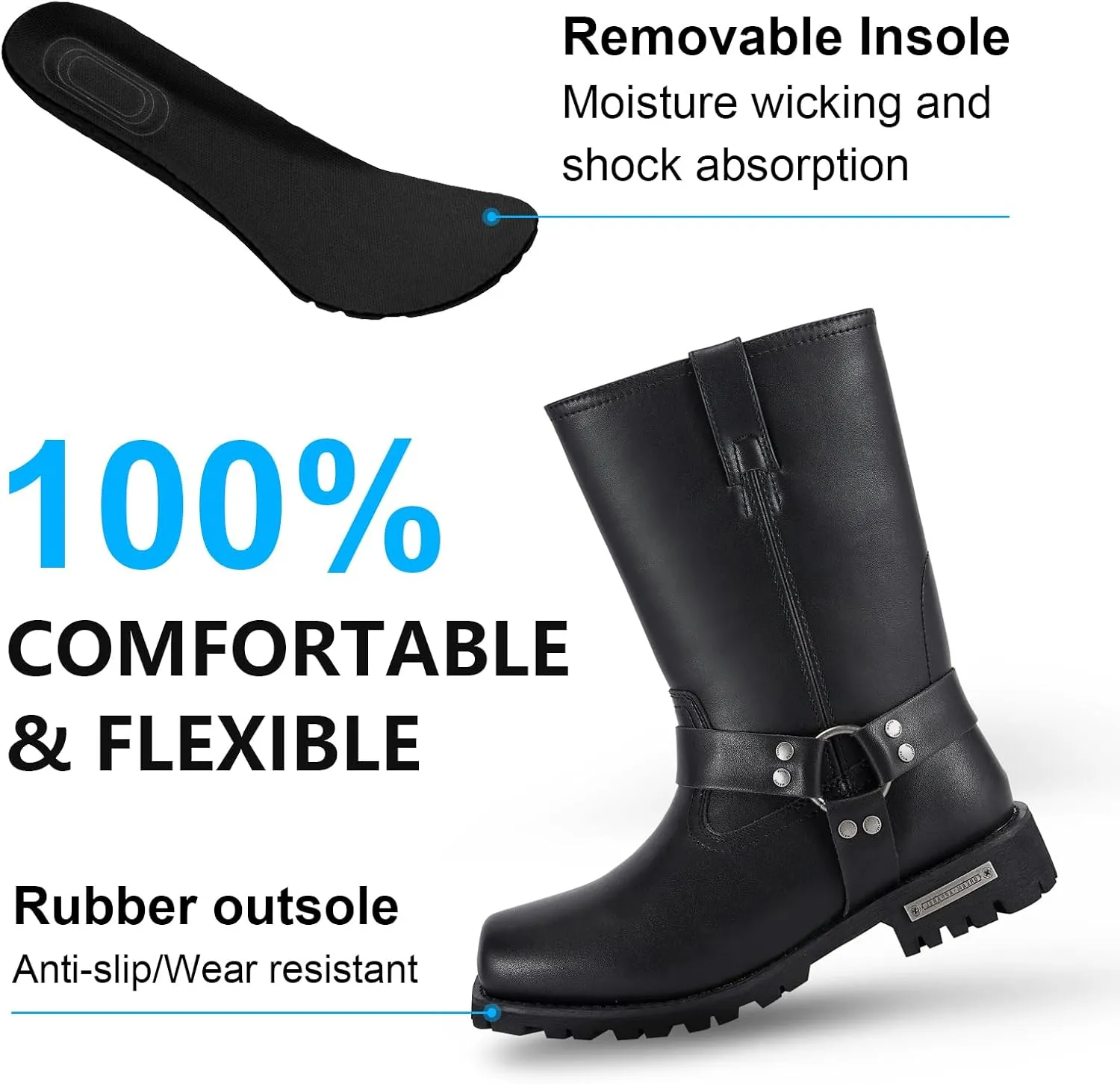 Men's Motorcycle Boot For Riding Waterproof Black PU Leather Boots Mid Calf Boots for Men