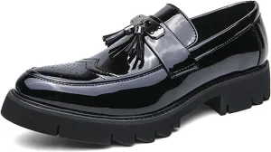 Men's Patent Leather Brogue Slip-On Platform Loafer Shoes with Tassel Fashion Round Toe Low Top Lug Sole Non-Slip Business Dress Shoes for Party Dating Prom