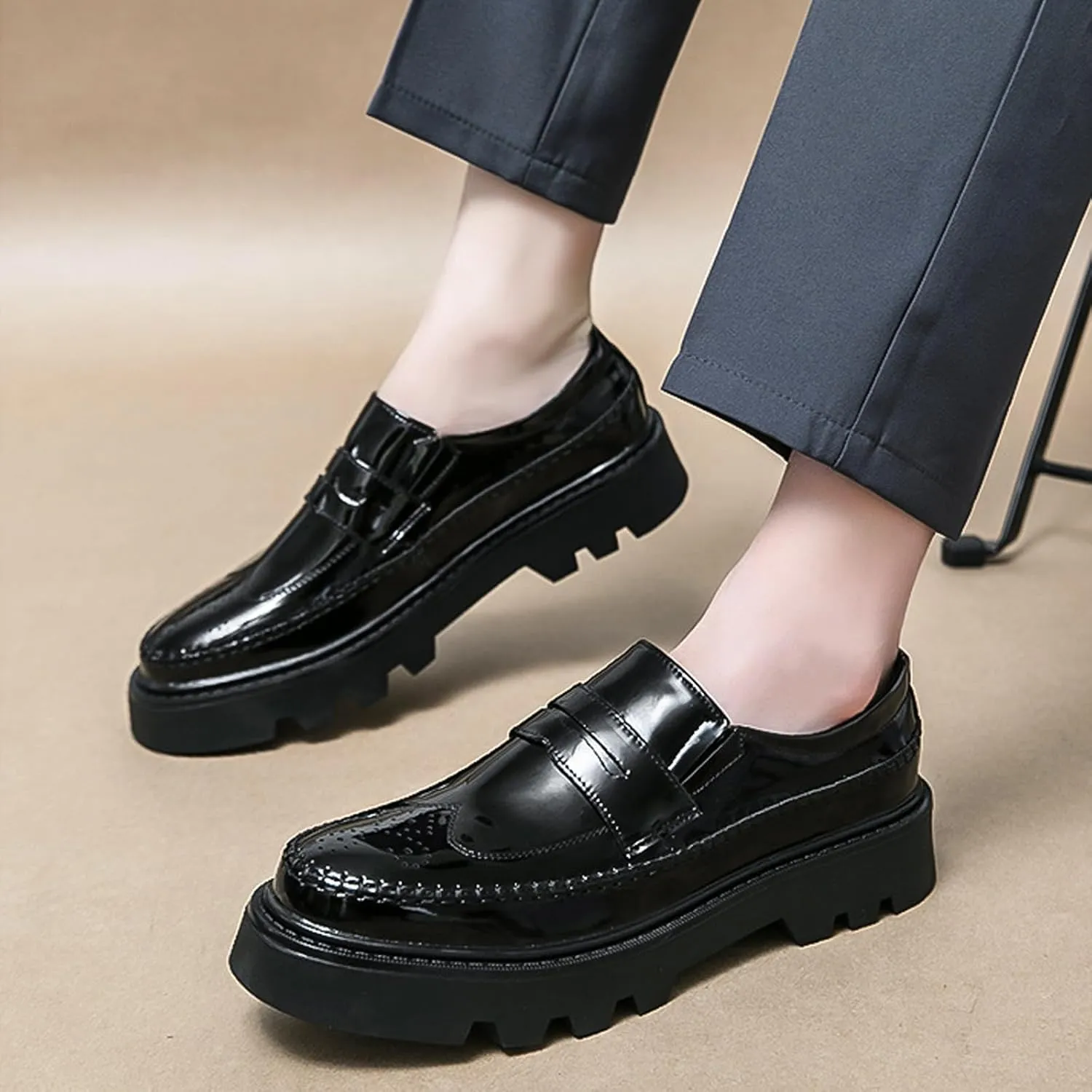 Men's Patent Leather Platform Slip-on Loafers Bullock Lug Sole Business Dress Shoes Casual Non-Slip Chunky Platform Black Formal Loafer Shoes